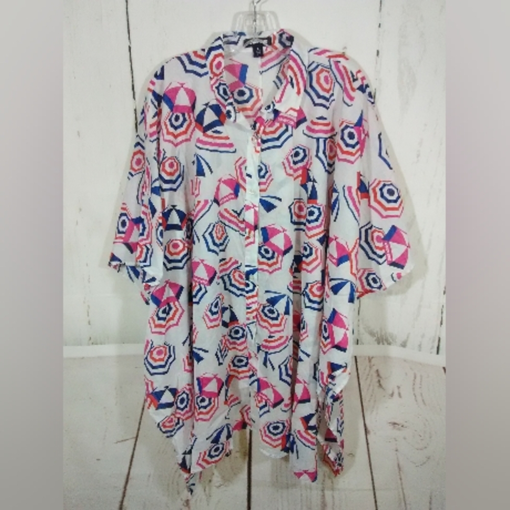 Lands End Kaftan Shirt Dress Swim Cover Up L 14-16 White Beachy Oversized Resort
